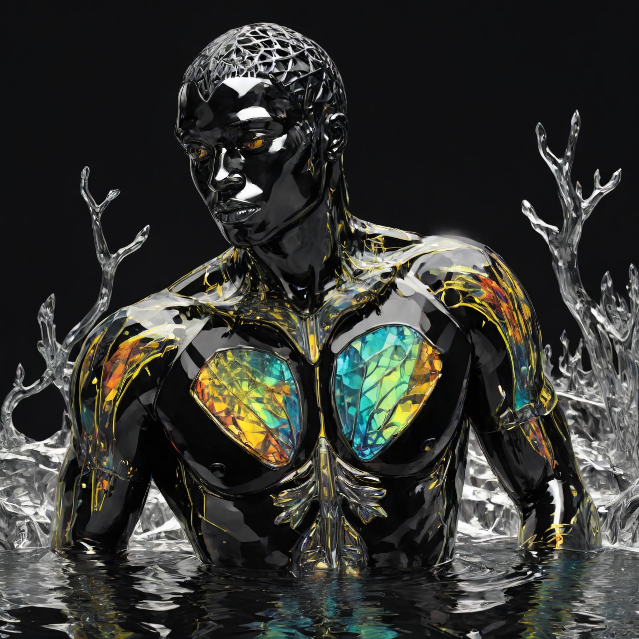 PAMCRYSTAL_01 Fauvism, black background, a coloured line drawing of an illuminated black-toned Central African male android swimming in a rive 1948321124 c=7.5 40 0.4 DPM++ 2M Karras crystalClearXL_ccxl.jpg